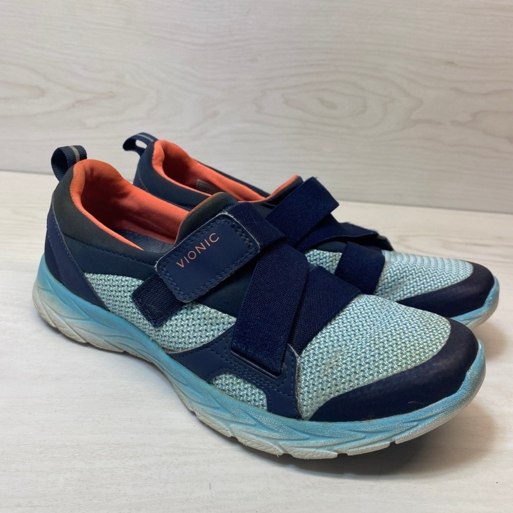 Vionic Womens 8 Dash ASR1449 Walking Shoes Blue Mesh Orthotic Hook Loop Sneakers